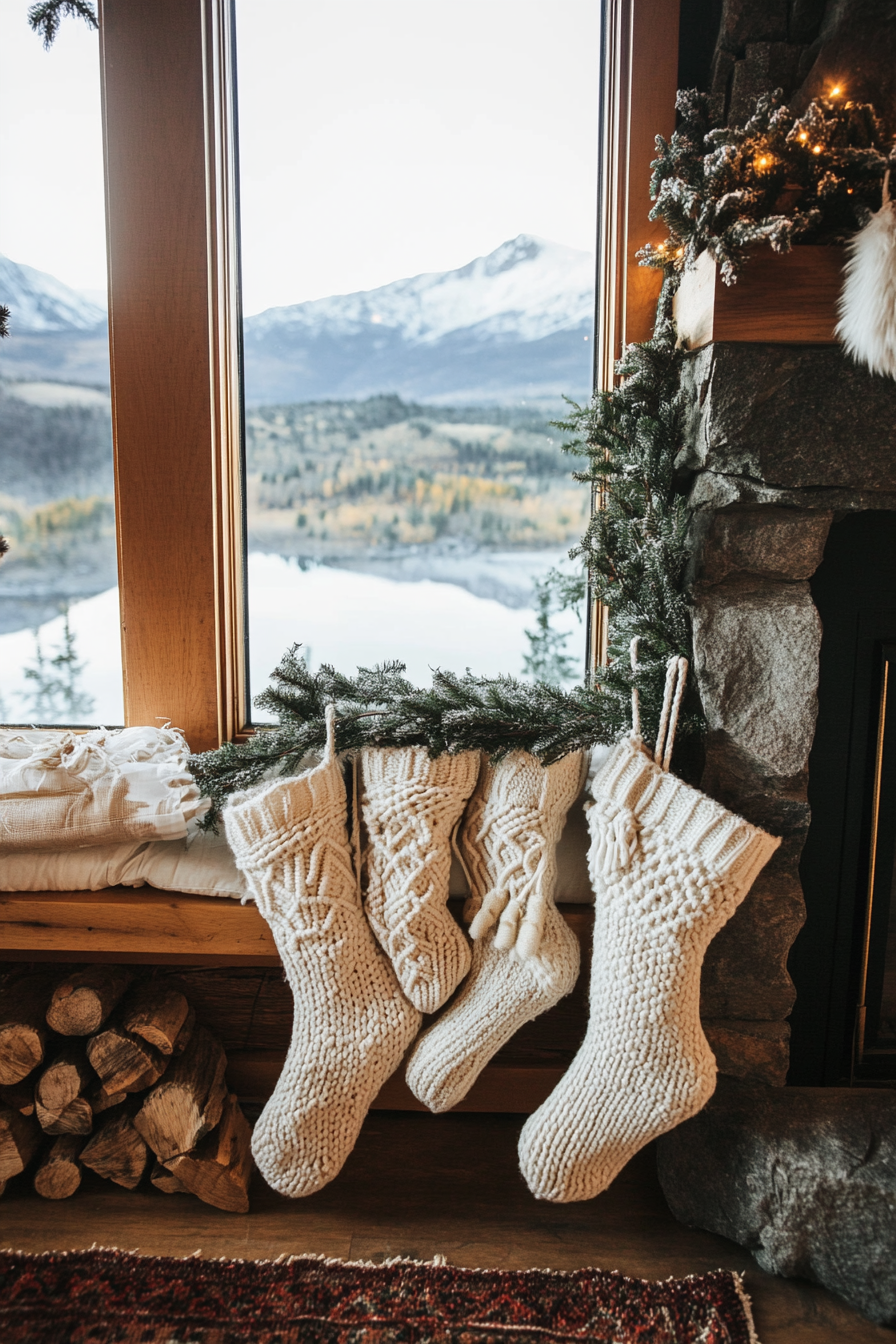 Eclectic holiday space. Macramé stockings near window framed Mountain sunset.