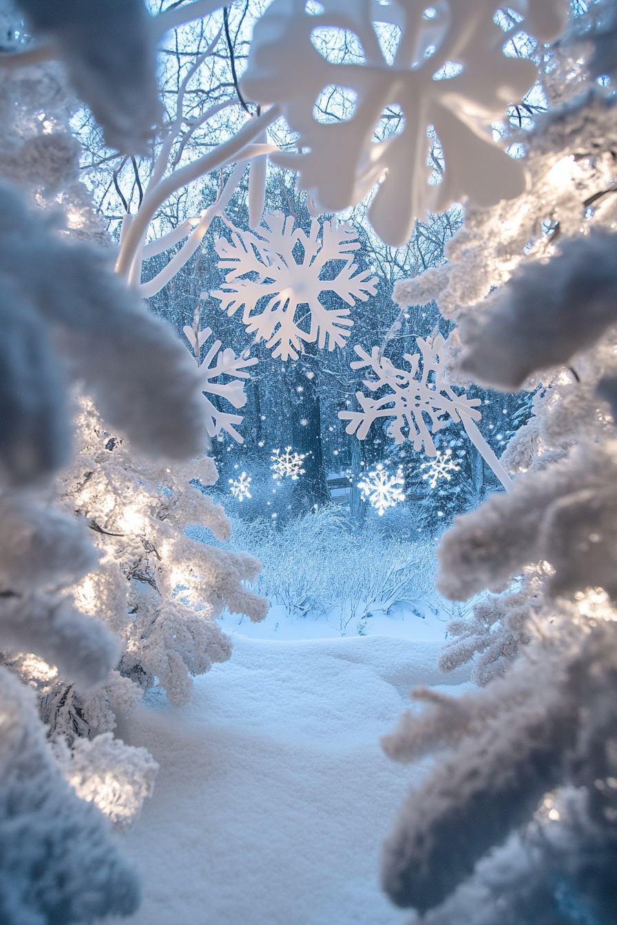 Wide angle Christmas decor view. White light garlands, paper snowflakes, frost-glittered valley down below.