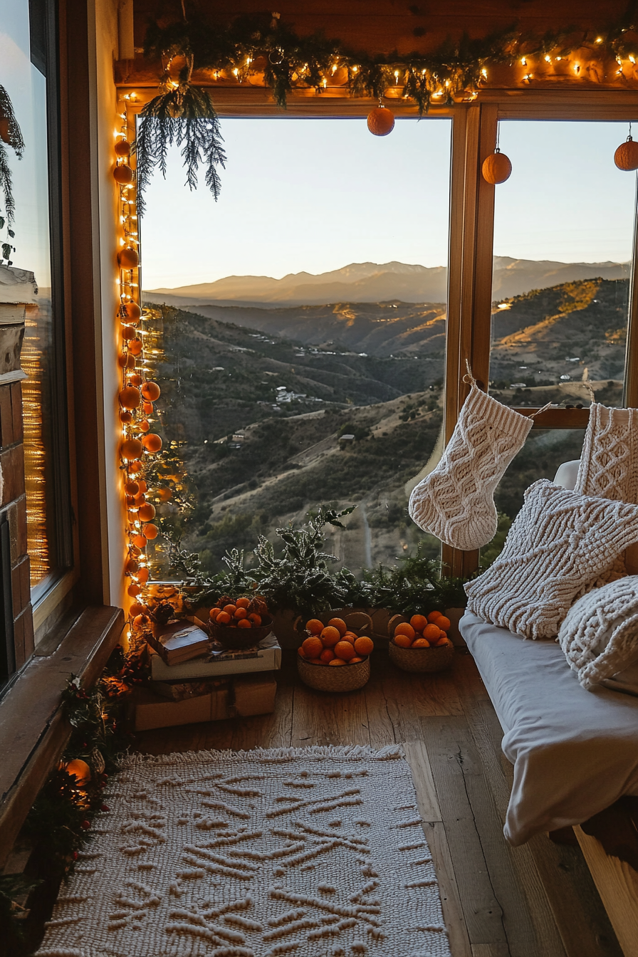 Wide-angle holiday space. Eclectic decorations with macramé stockings, dried orange garlands, and mountain sunset view.