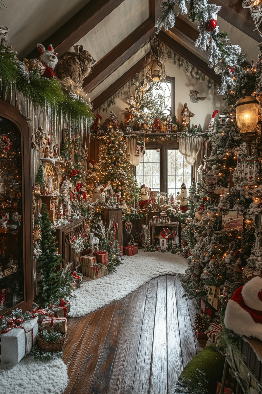 Wide angle view. Whimsical holiday space with woodland decorations, moss details, and snowy pines.