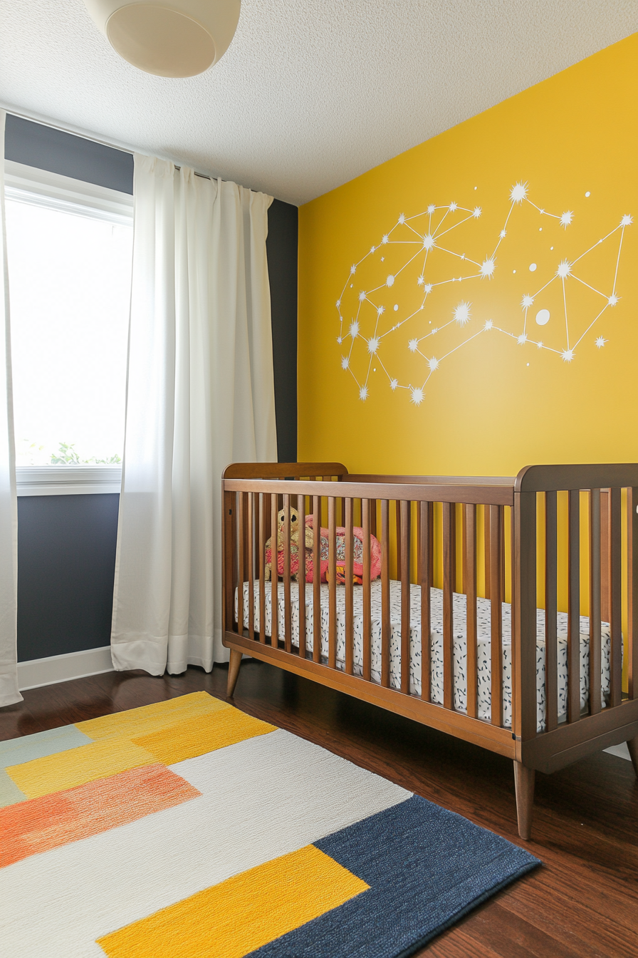 Wide angle view of baby space. Yellow pastel wall with constellation decal and color-blocked rug.