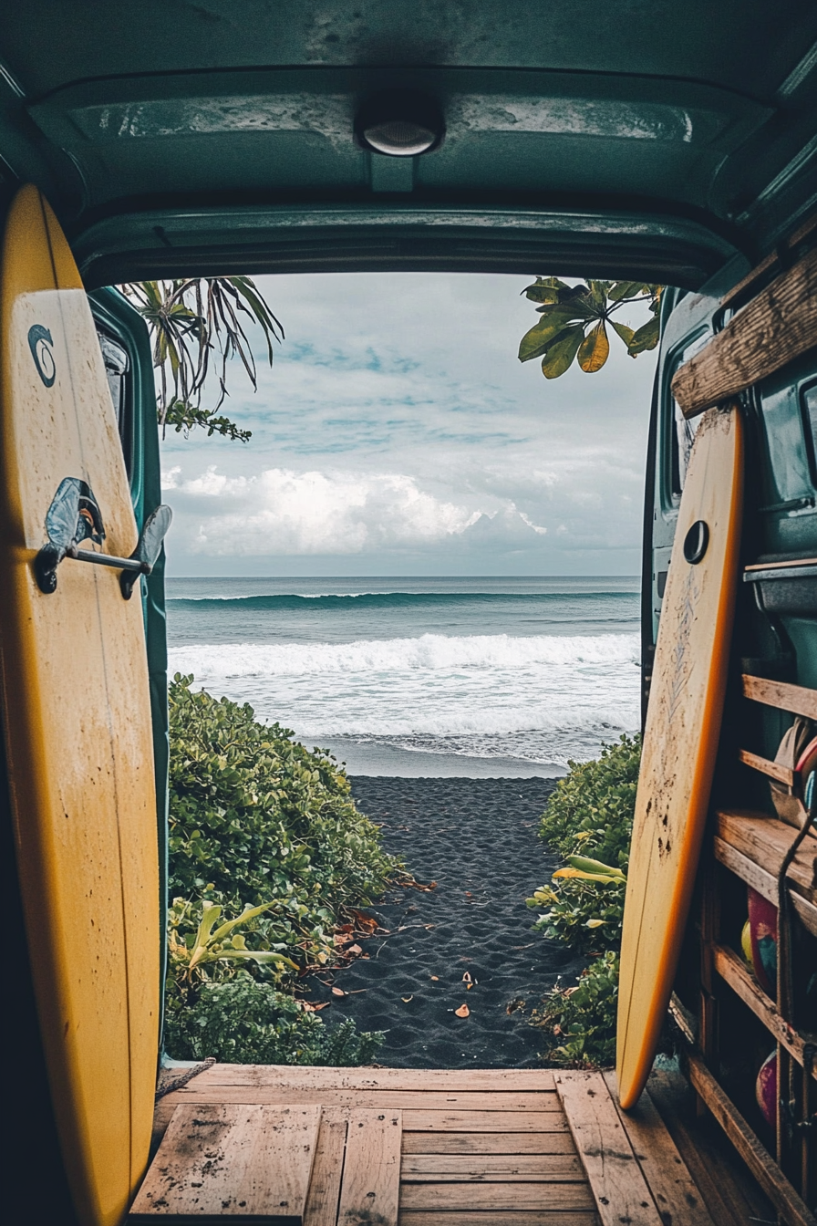 Wide angle view. Beachy van with surfboard racks, outdoor shower, black sand beach and perfect waves.