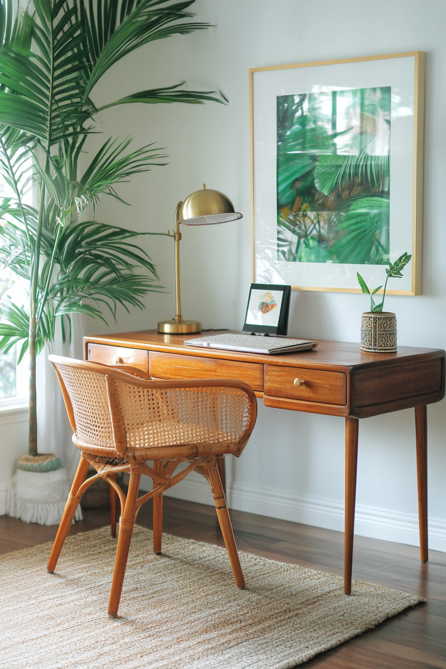 Tropical-Modern Tiny Office. Rattan desk with vintage brass lamp.