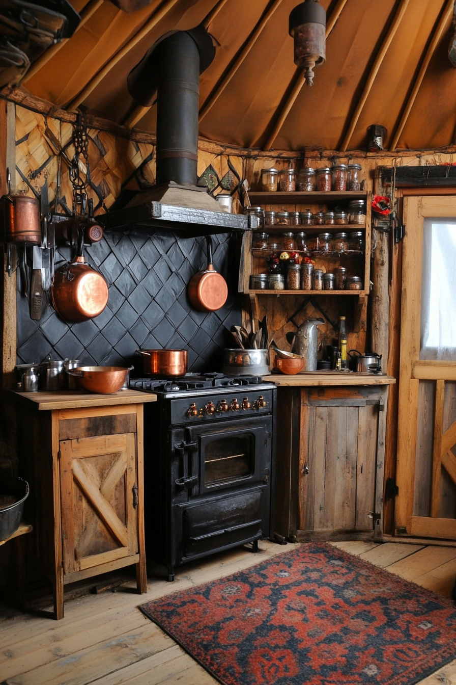 Alpine-style yurt kitchen. Pinewood cabinetry, black ironwork wood stove, copper pots, spice-laden wall.