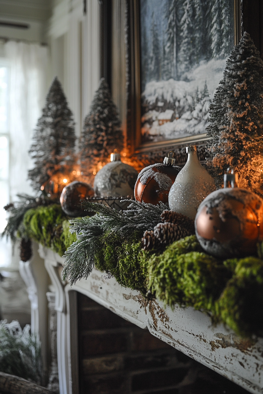 Whimsical holiday space. Moss-covered mantle with peppermint wrapped woodland ornaments amidst snow-dusted pines.