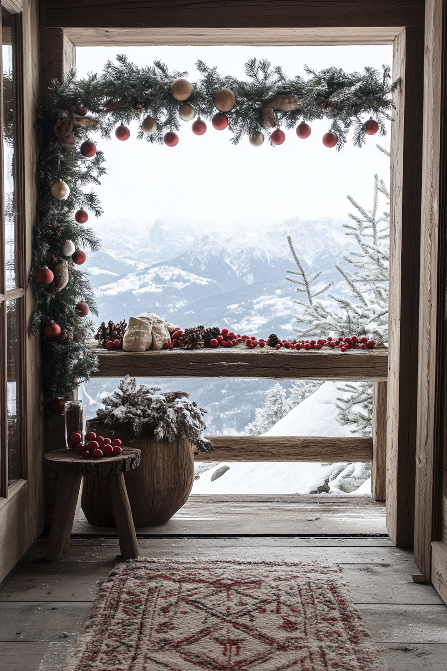 Farmhouse-style space. Pine garlands, wooden ornaments, snowy mountain vista.