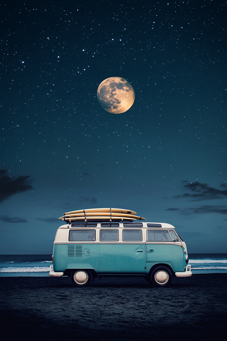 Beachy van setup. Volkswagen bus with surfboard racks on black sand under moonlight.