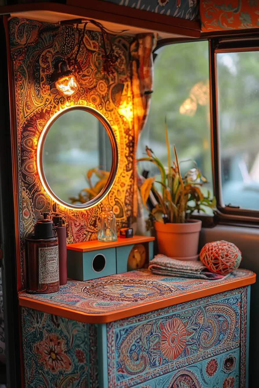 Bohemian van vanity area. Paisley-patterned storage box with built-in ring light, and a scrollwork folding mirror.