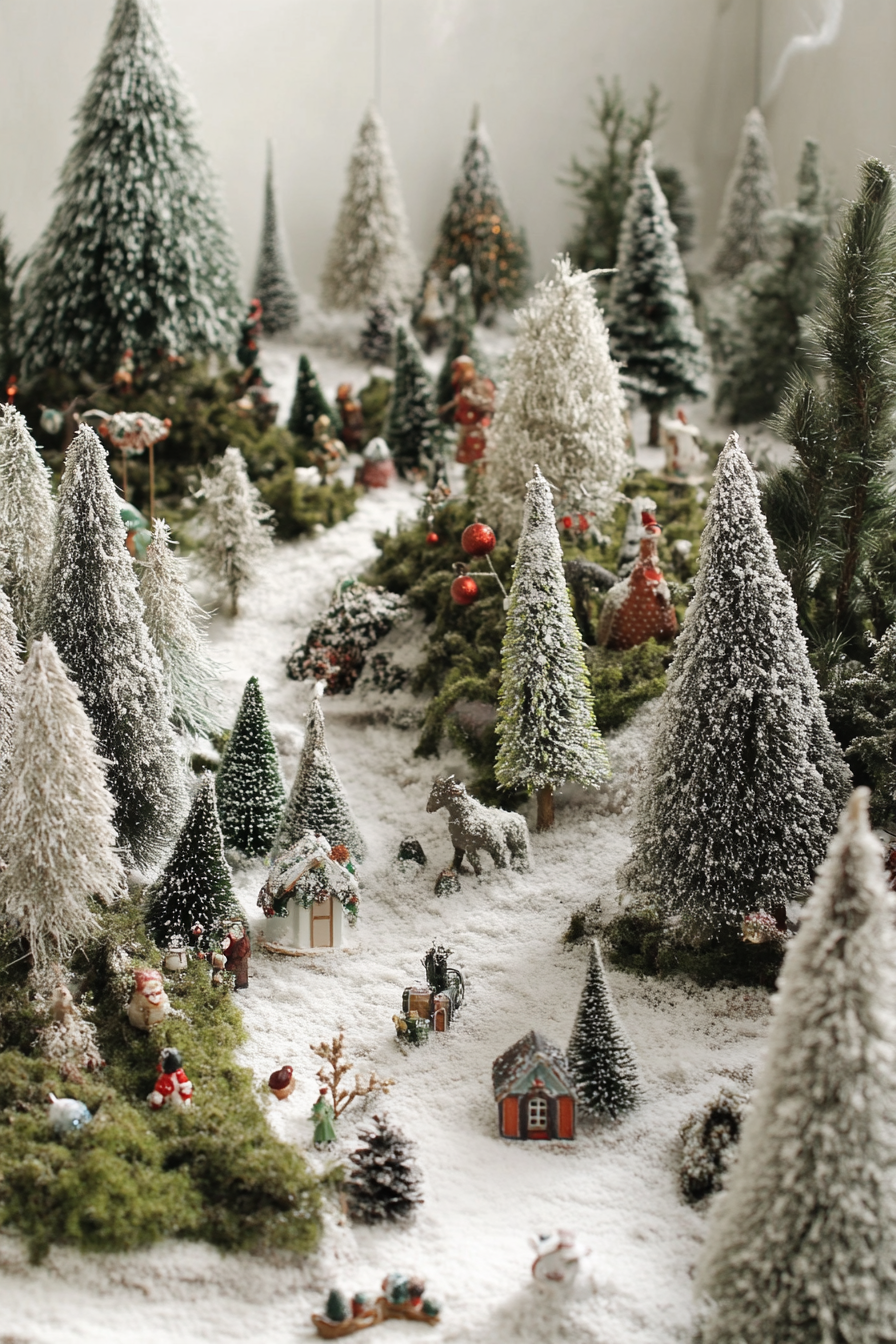 Wide angle view of holiday space. Snowy pines enclosing moss-detailed woodland decorations.