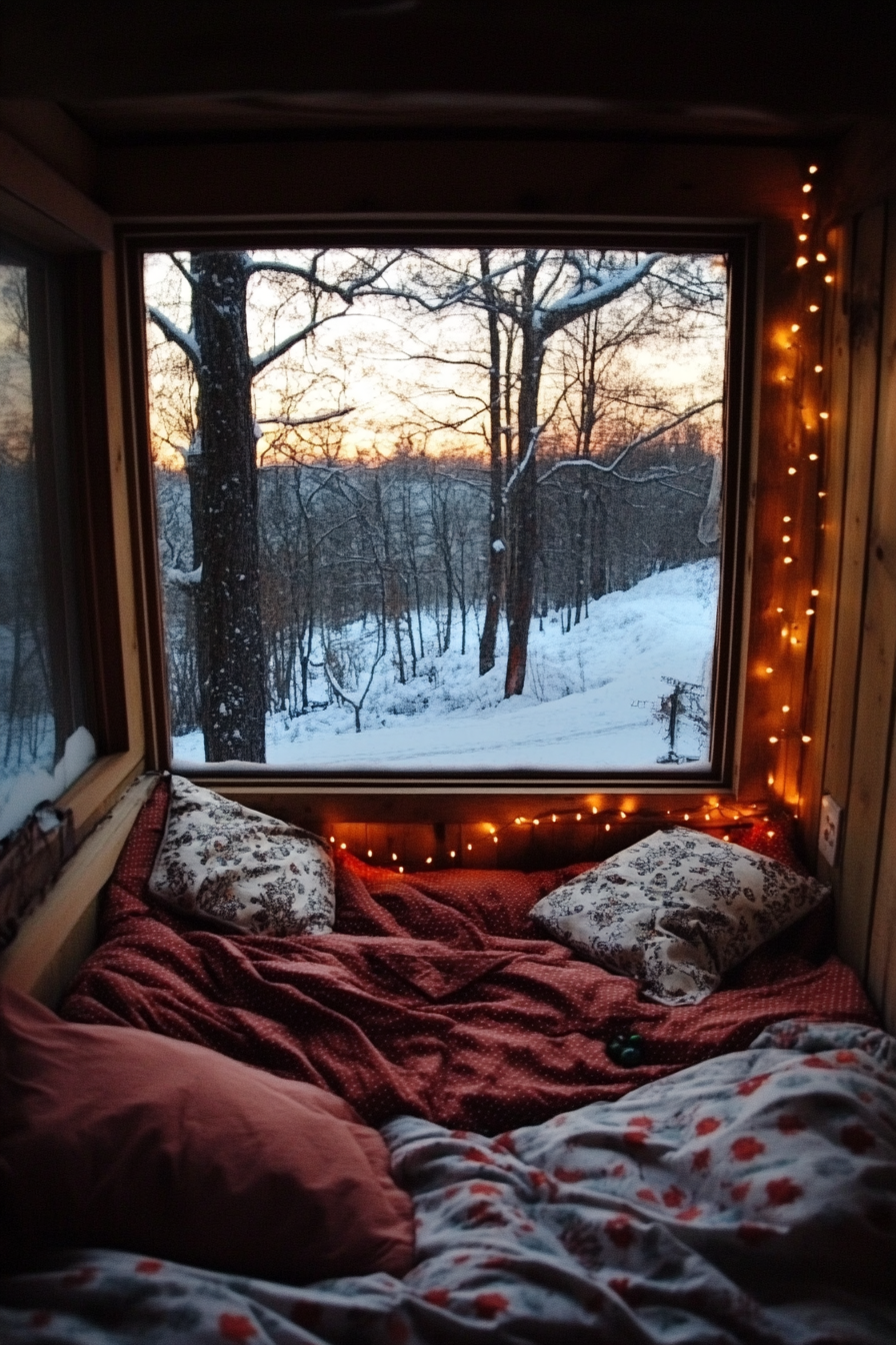 Festive sleeping nook. Flannel bedding, string lights, wide-angle view of winter landscape.