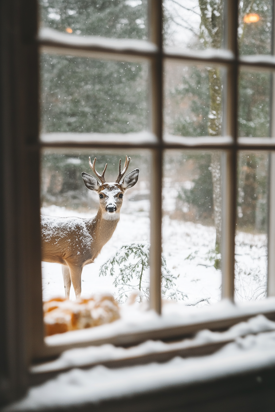 Wide angle view of holiday baking haven. Deer observed through the window amidst snowy meadow.