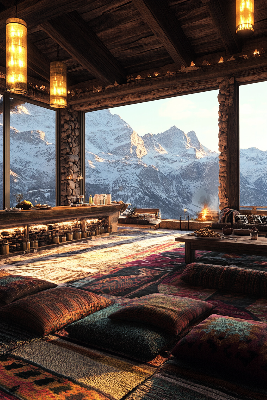 Ski lodge interior. Wool blankets, hot cocoa station, wide angle view of snow-capped peaks.