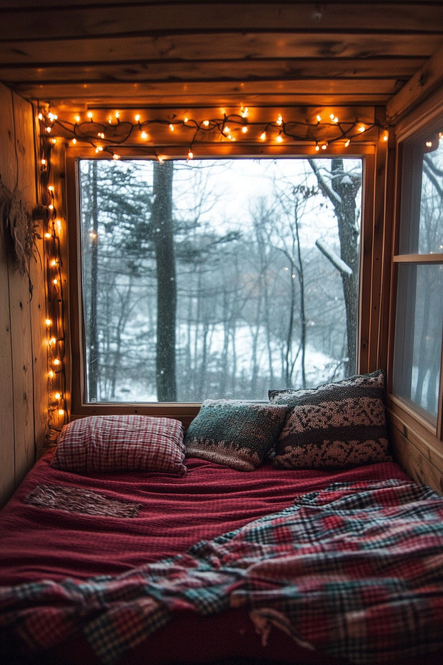 Wide-angle view. Flannel bedding, string lights, sleeping nook, winter landscape outside.