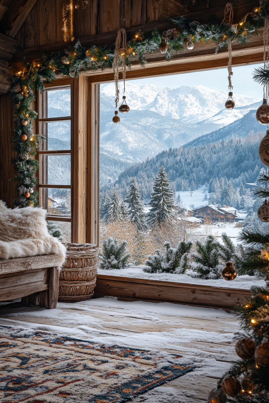 Winter view. Farmhouse room with pine garlands, wooden ornaments against snowy mountains.