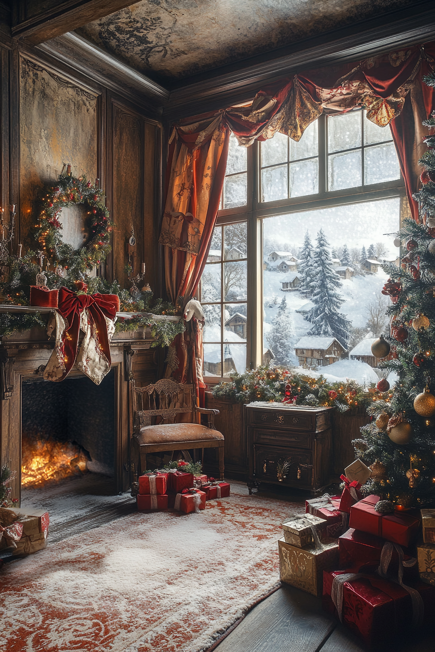 Wide angle Christmas interior. Velvet ribbons and vintage ornaments, overlooking snow-covered village.