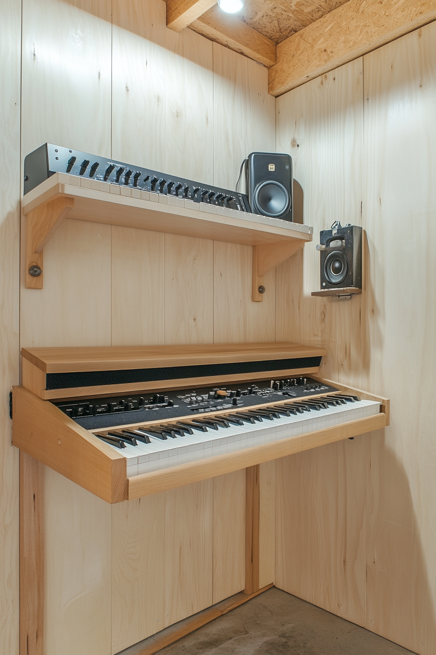 Woodland-style tiny music room. A maple wall-mounted keyboard shelf with felt soundproofing panels.