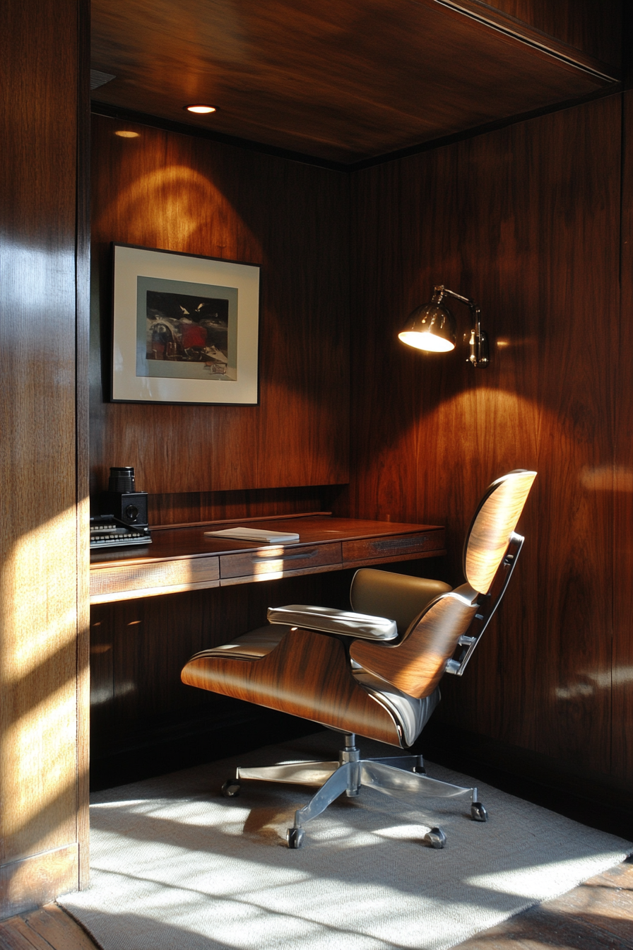 Wide angle mobile workspace. Walnut paneling, vintage Eames chair, underpinning dramatic spotlight.