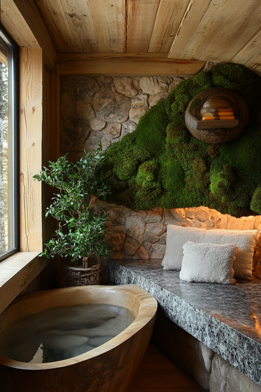 Tiny bathhouse. Oak soaking tub, moss wall, granite meditation bench.