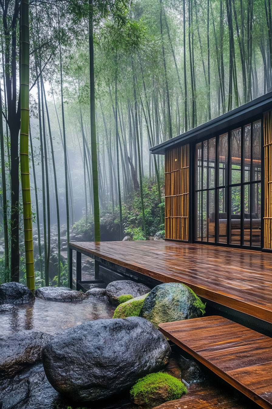 Wide-angle view. Tiny house deck with bamboo screens, a rock garden, amid misty bamboo forest.