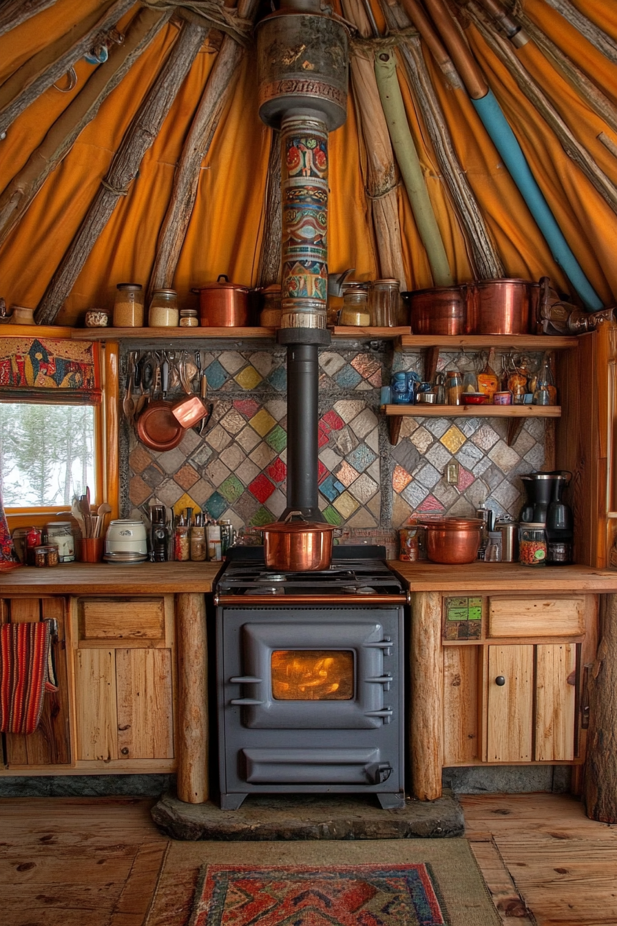 Alpine-style yurt kitchen. Wood stove surrounded by wall-mounted copper pots, rustic spice racks.