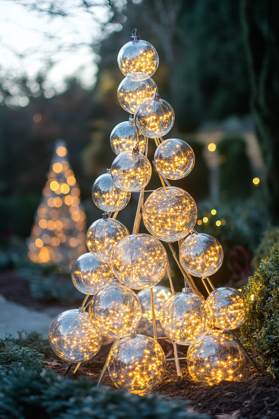 Whimsical holiday space. Christmas tree orb lit crafted bloom bell with frost glass garden globes.