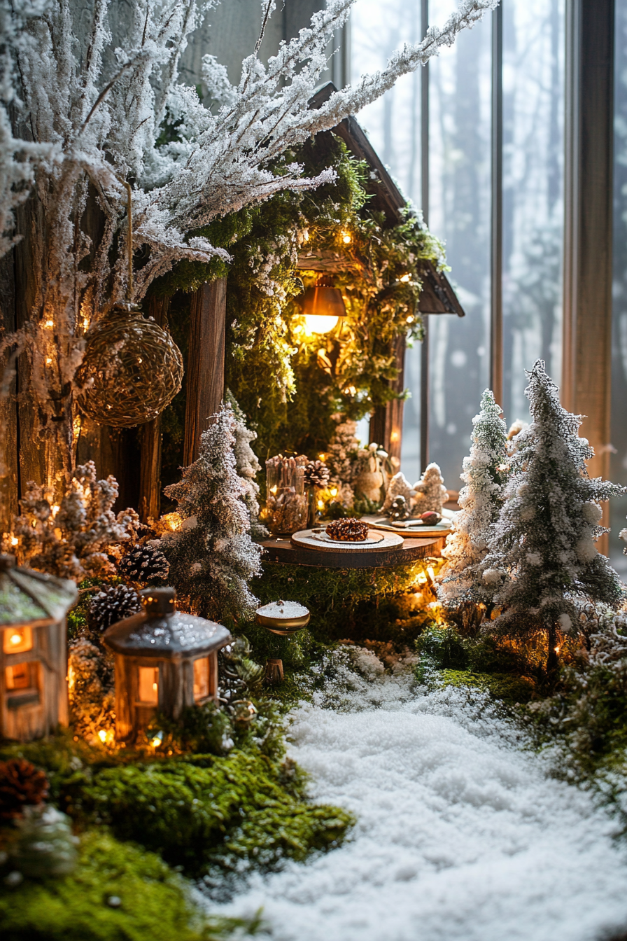 Wide angle view, whimsical holiday space. Snowy pines encircling mossy, woodland decorations.