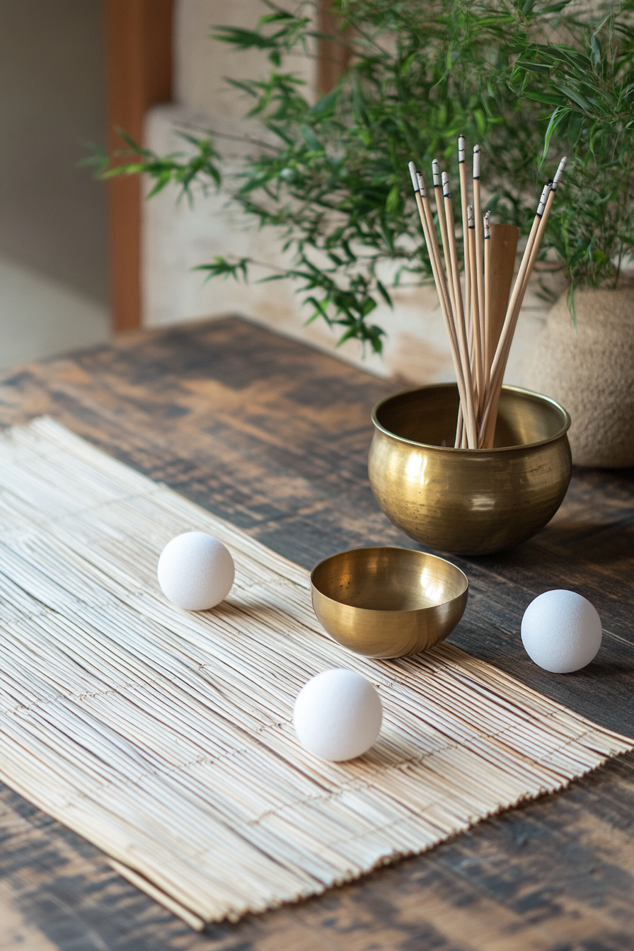 Zen-style van meditation room. Bamboo mat, white spheres, lotus-shaped incense holder, brass singing bowl.