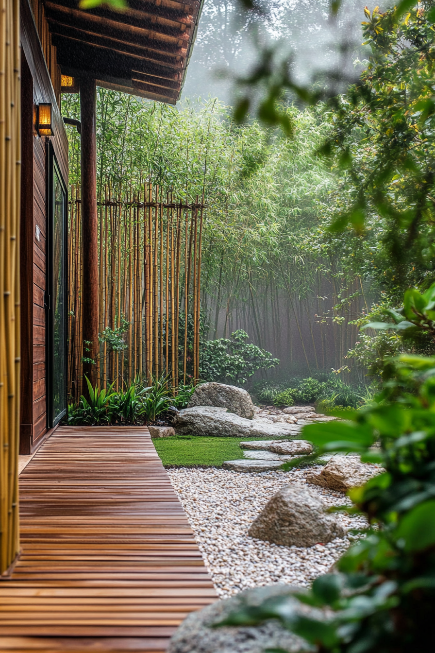 Wide angle view of minimalist tiny house deck. Bamboo screens, rock garden, misty bamboo forest.