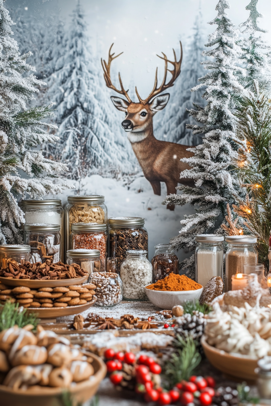 Wide angle holiday baking scene. Cookie station with spice storage, deer in snow backdrop.