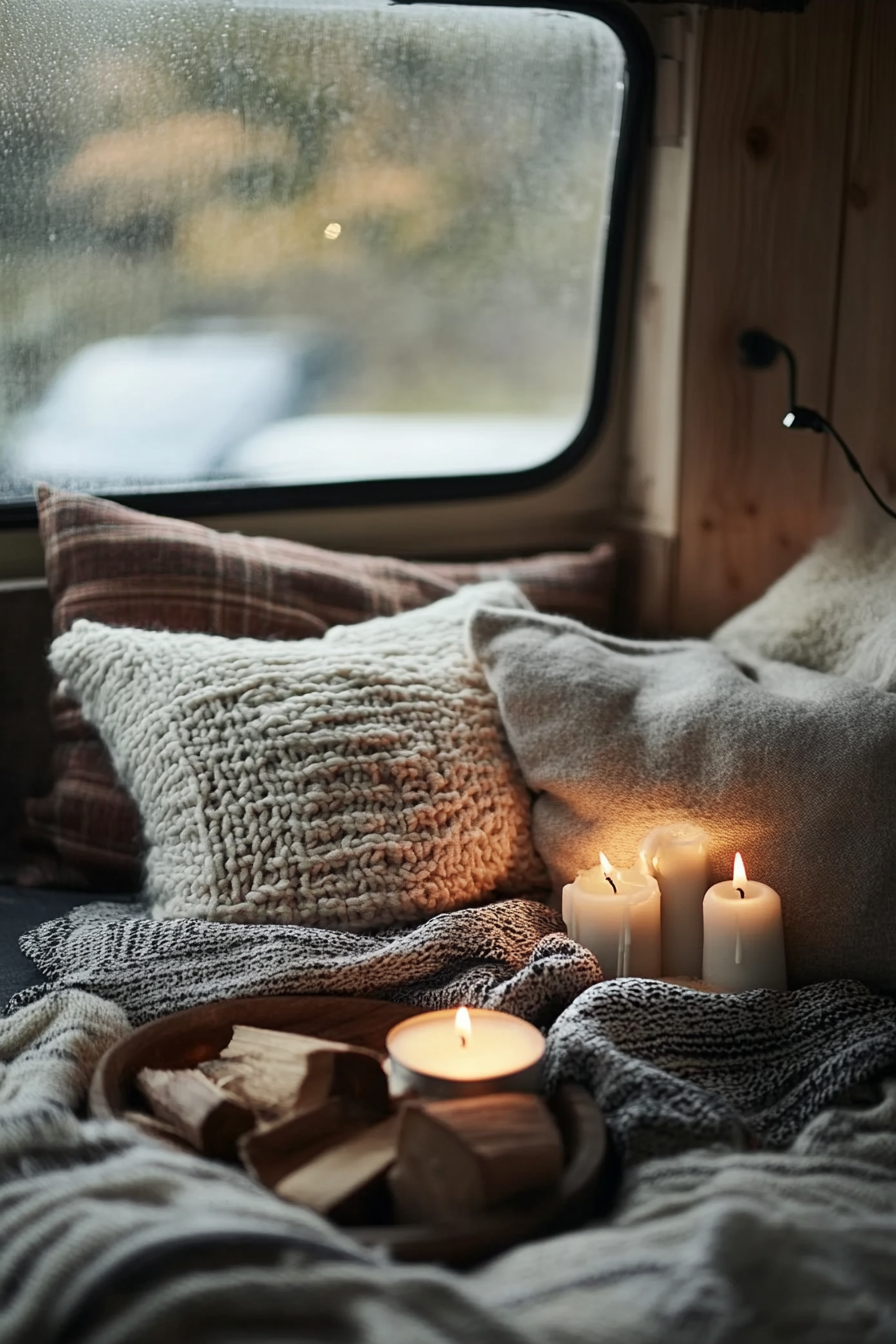 Scandinavian Camper Lounge. Wool textures with comforting, flickering candlelight and wooden log accents.