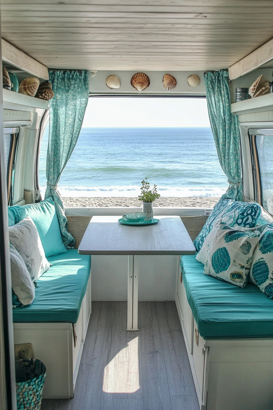 Van dining area. Turquoise seat cushions, hinged white wood table, shell curtain accents, open van doors towards seashore.