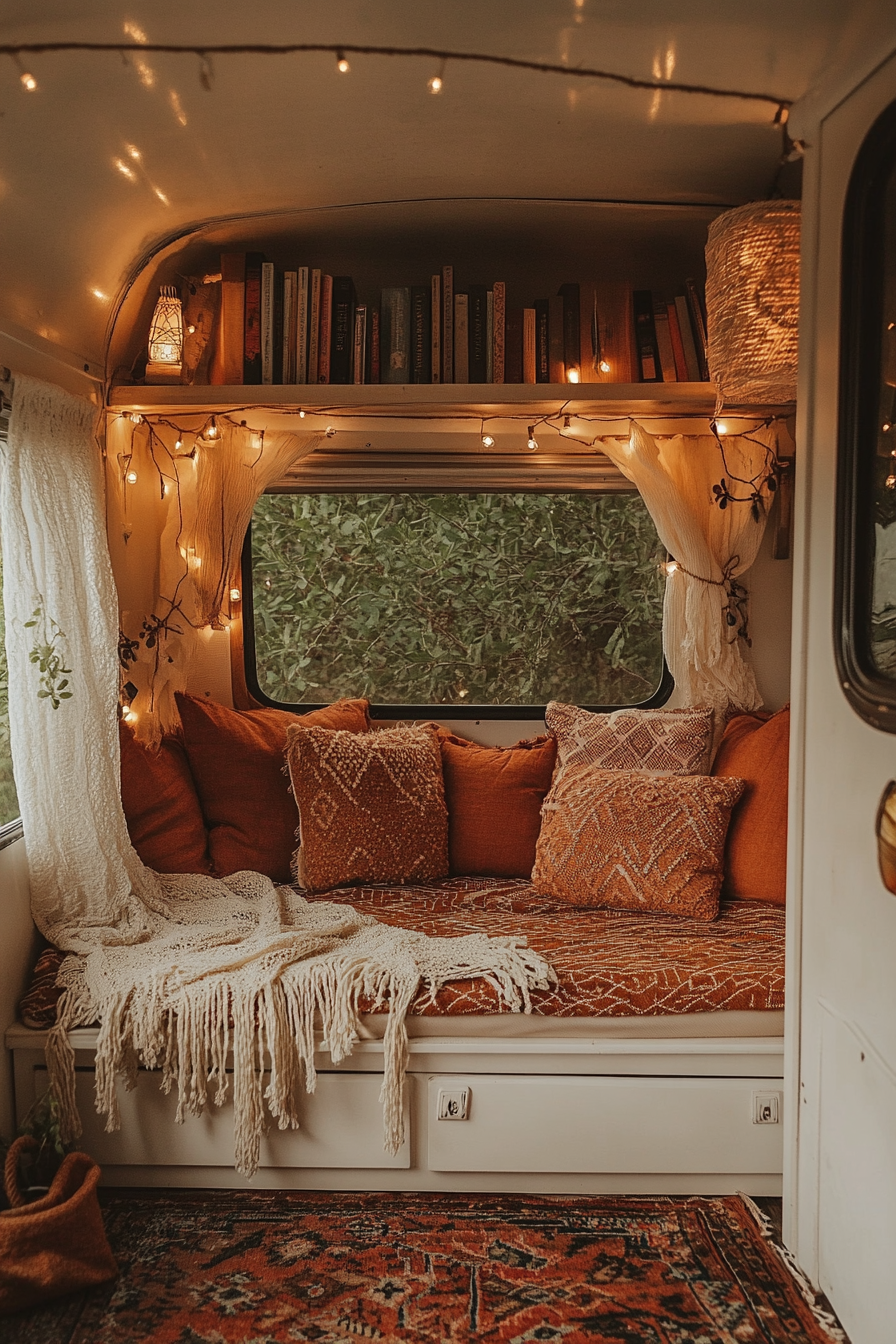 Desert-Boho reading corner. Canopied camper, macrame book hammer, terracotta cushions, southwestern rug, warm book lights.