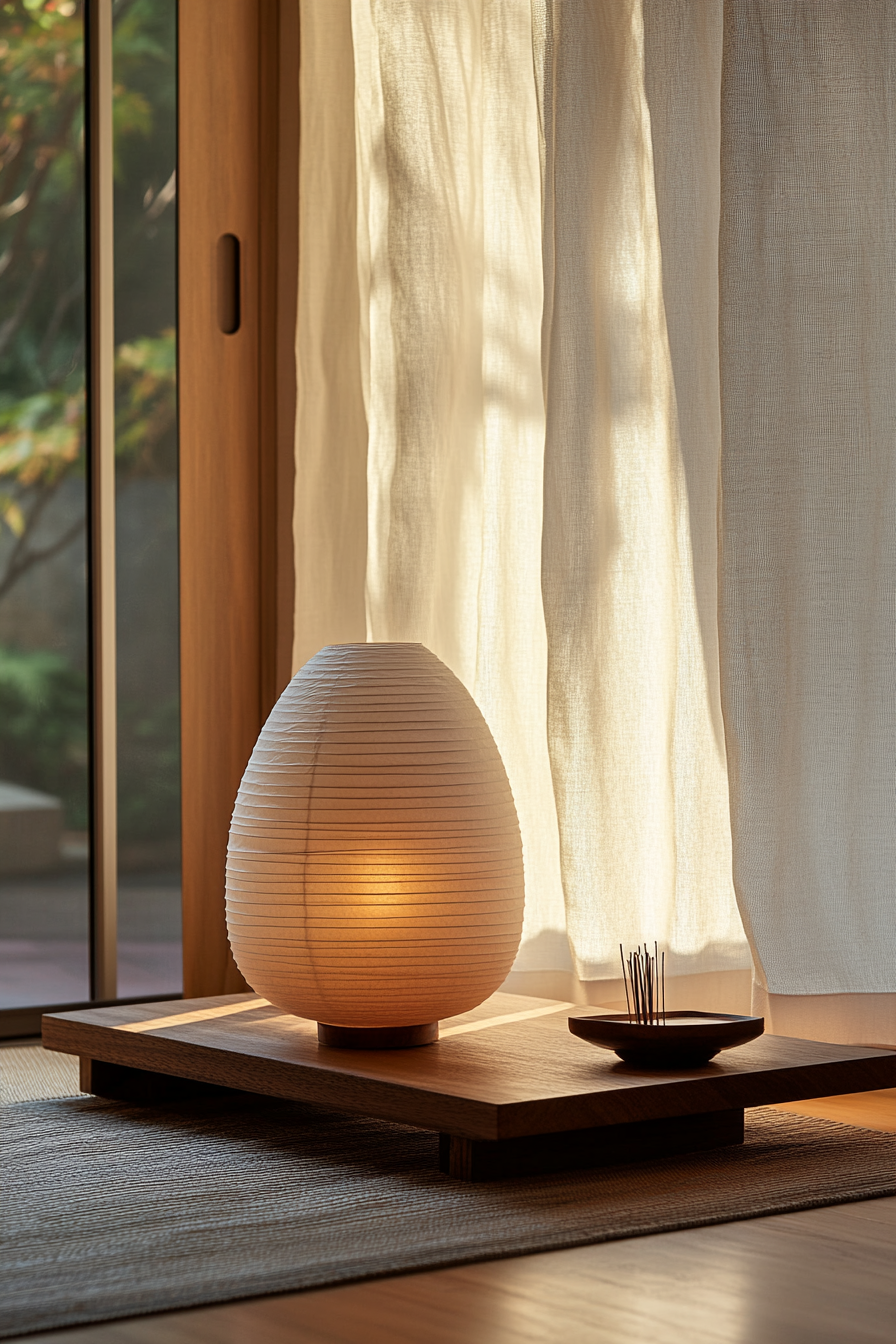 Zen-Style Van Meditation Room. Hanji-paper lantern and cherrywood incense holder.