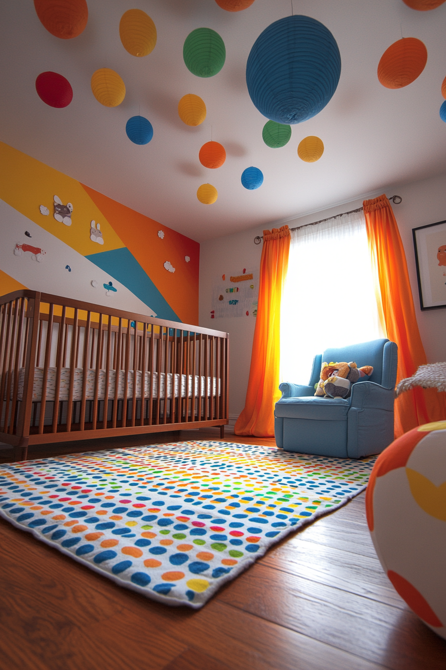 Wide-angle view of cheerful baby room, dotted pattern and spectrum color streamers.