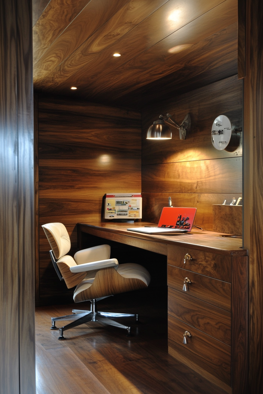 Mobile workspace. Walnut paneling, vintage Eames chair, dramatic lighting.