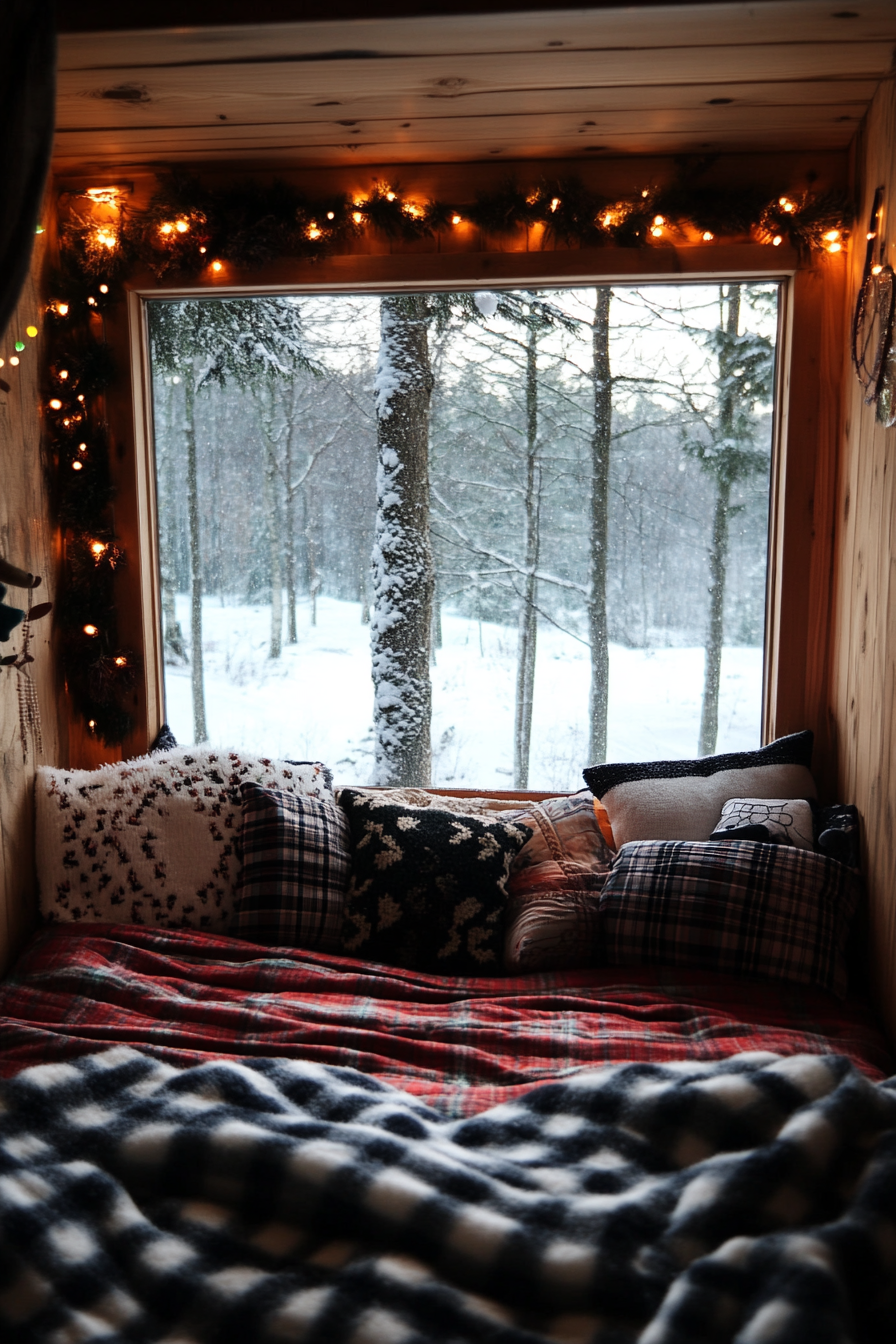 Wide angle view. Festive nook with flannel bedding, string lights, overlooking snowy exterior.