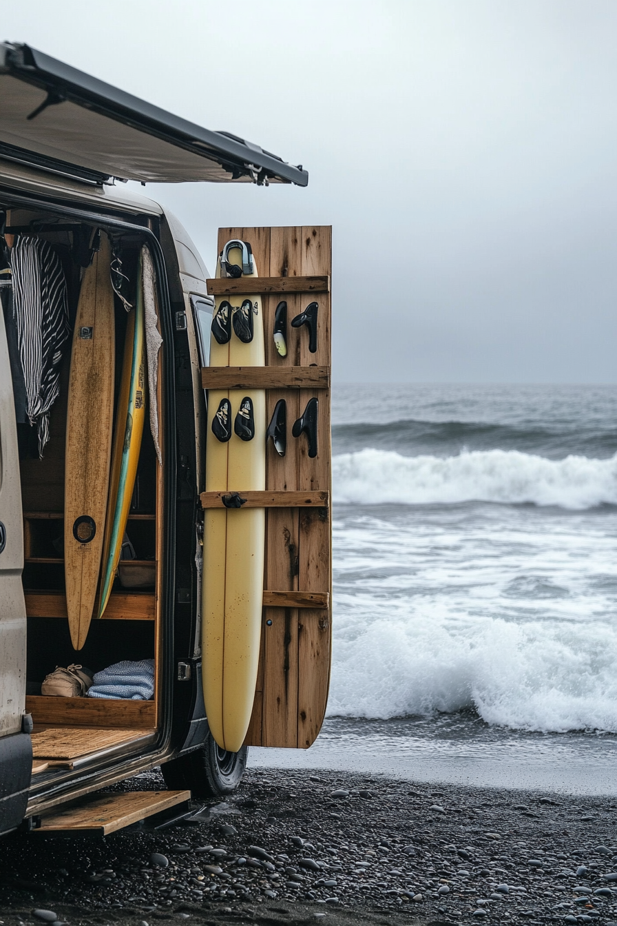 Black sand beach scene. Van with surfboard rack, outdoor shower and optimal wave backdrop.