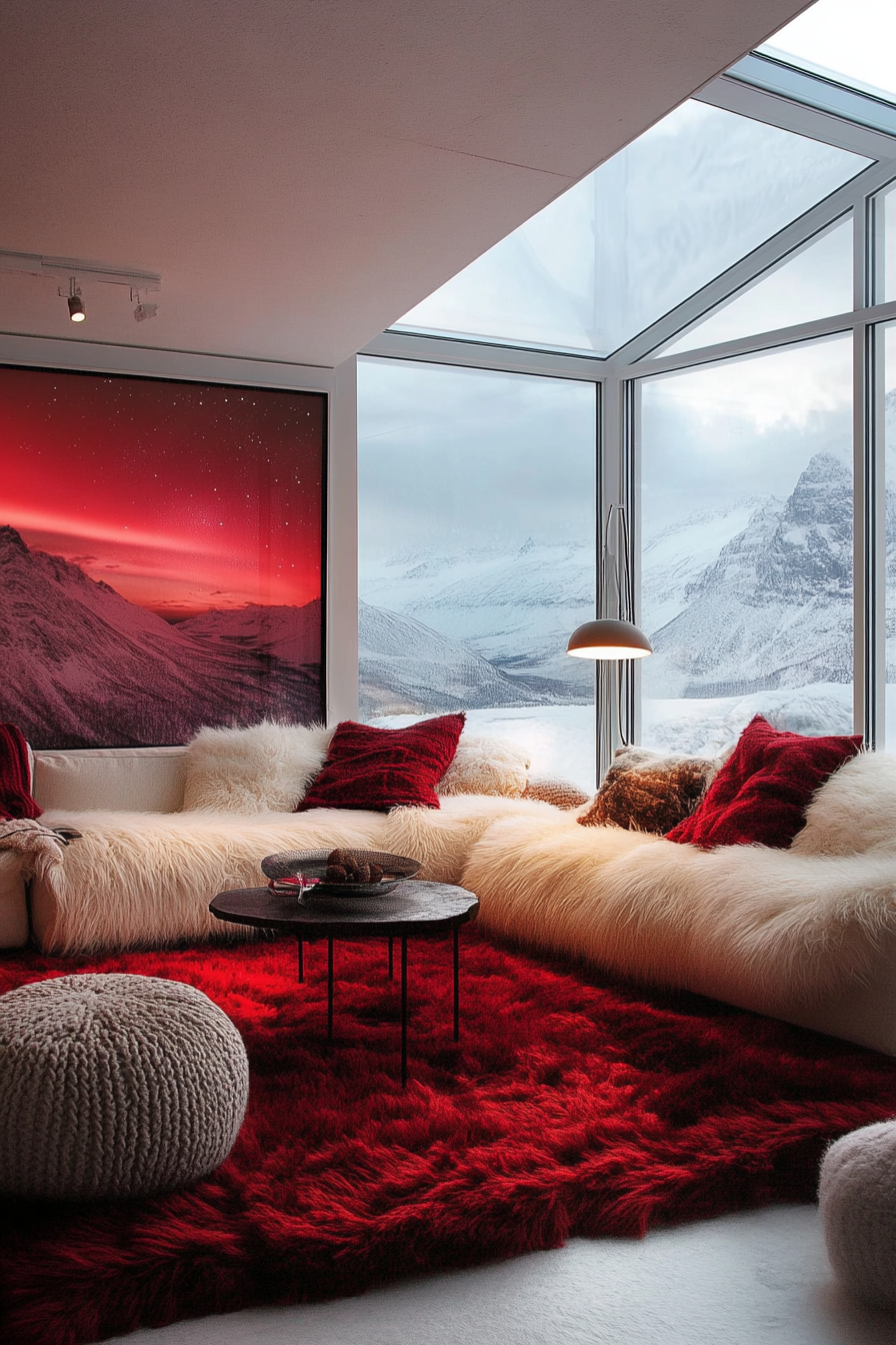 Scandinavian-inspired space. Wide-angle, red-and-white décors, watching northern lights from skylight.