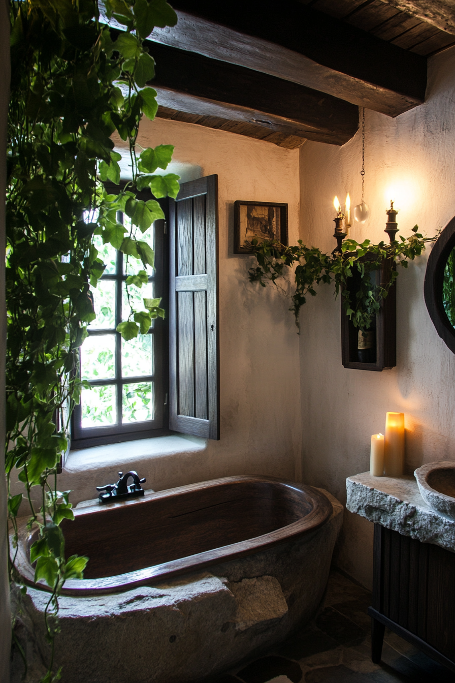 Wide angle bathroom view. Wooden tub, small window, stone basin, tall candle, hanging Ivy plant.