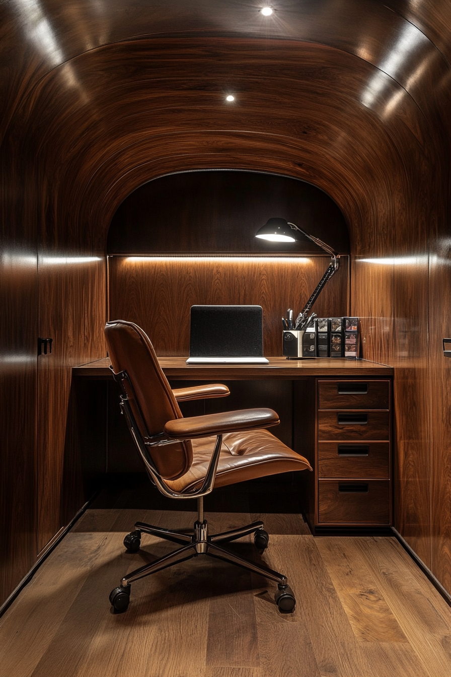 Wide angle view. Mobile workspace with walnut paneling and a vintage Eames chair under dramatic lighting.