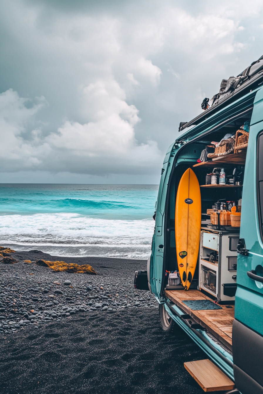 Van setup on black sand beach. Surfboard rack, outdoor shower, rippling turquoise waves.