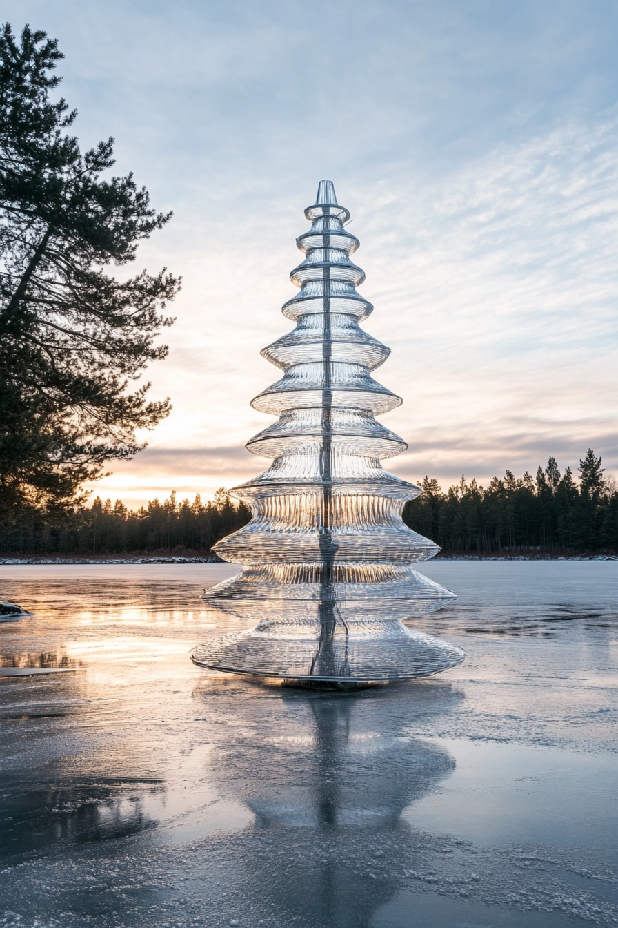 Wide angle view. Aluminum tree beside retro holiday interiors on frozen lake.