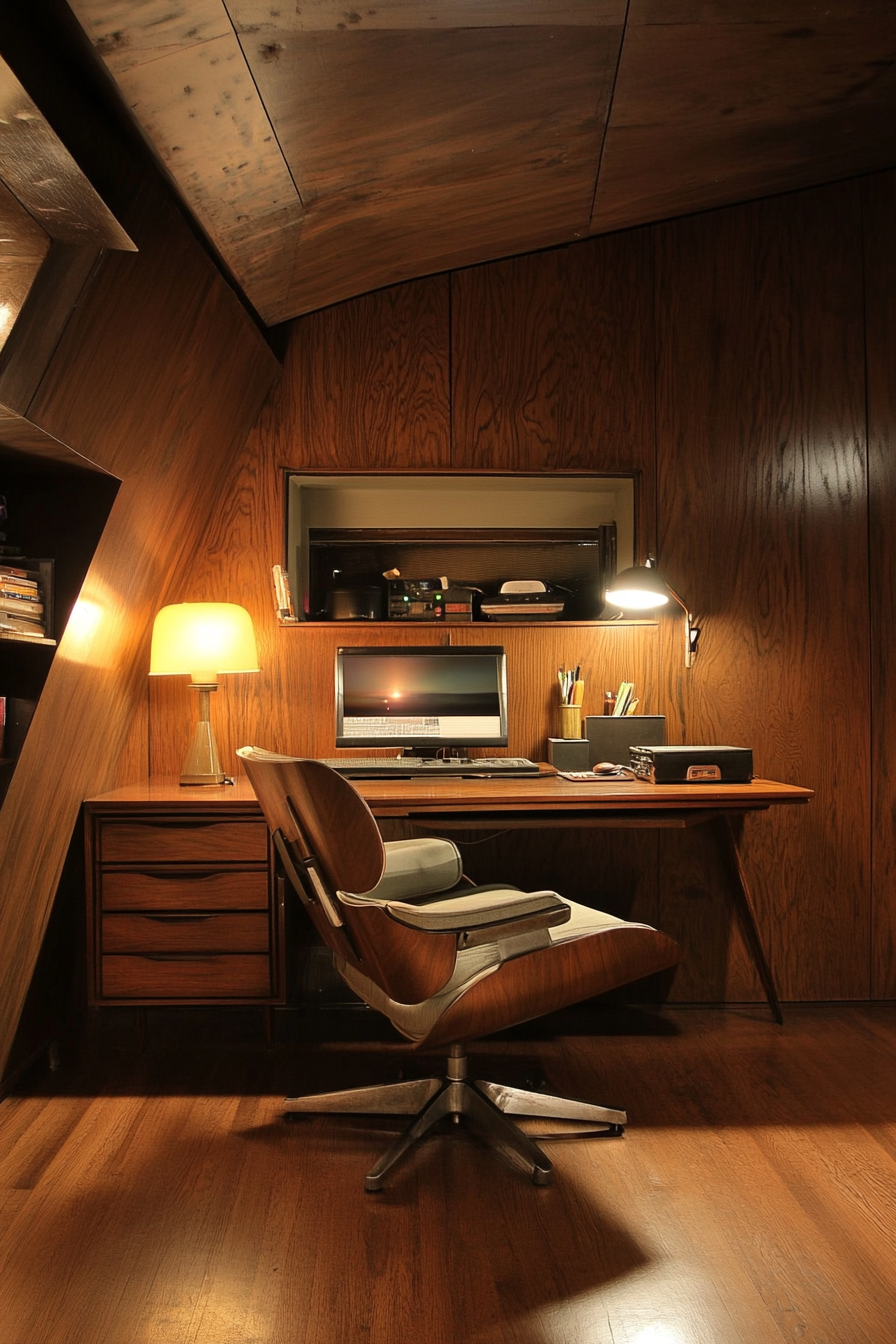 Wide angle of mobile workspace. Walnut paneling, vintage Eames chair, dramatic lighting.