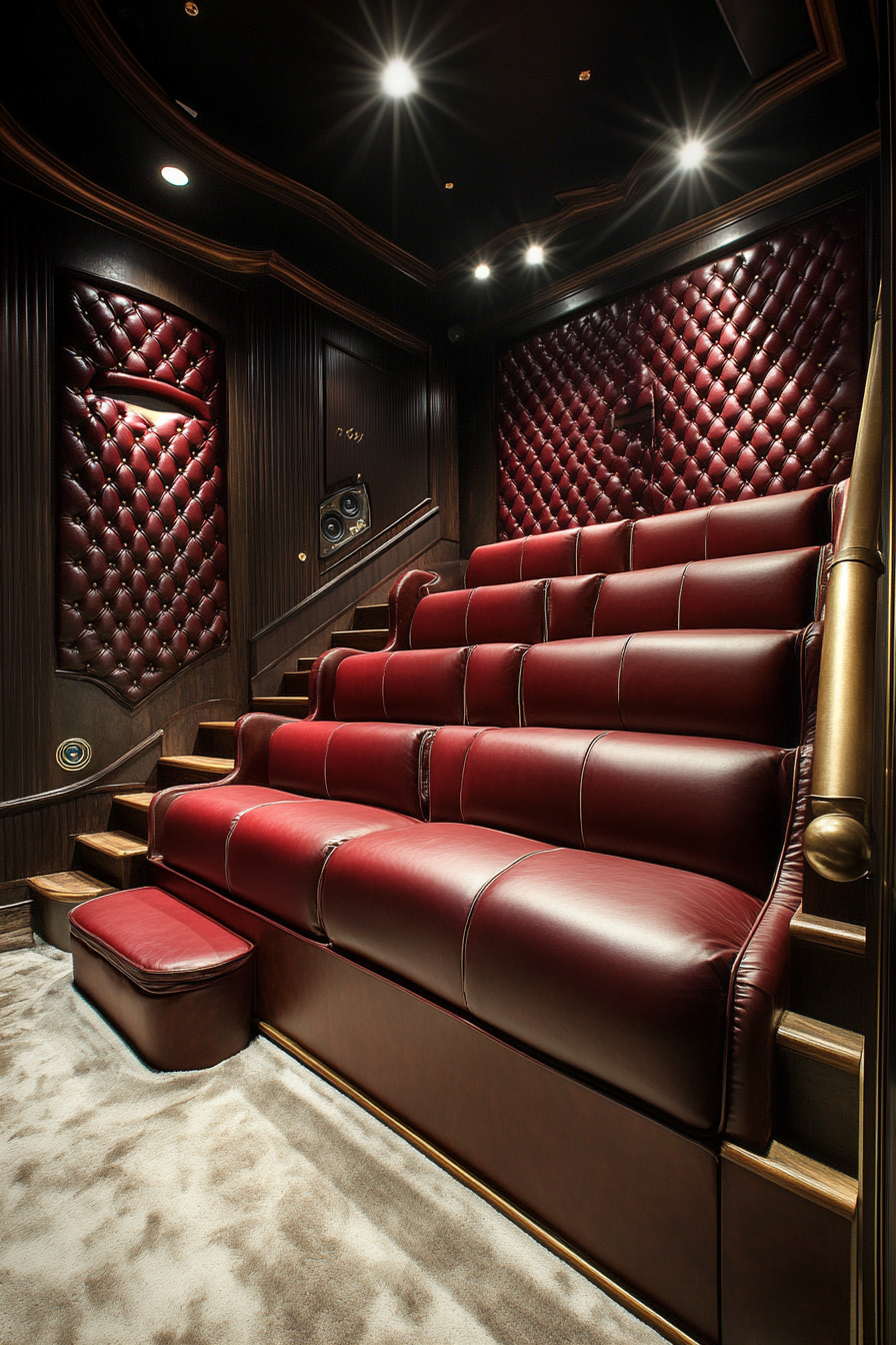 Contemporary tiny theater. Red leather tiered seating with antique bronze surround sound speakers.