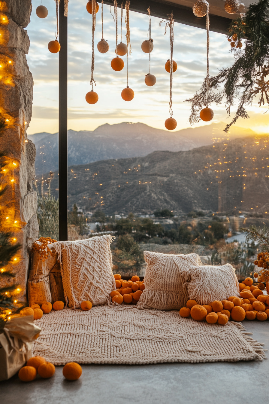 Wide angle holiday space. Eclectic macramé stockings, dried orange garlands, mountain sunset view.