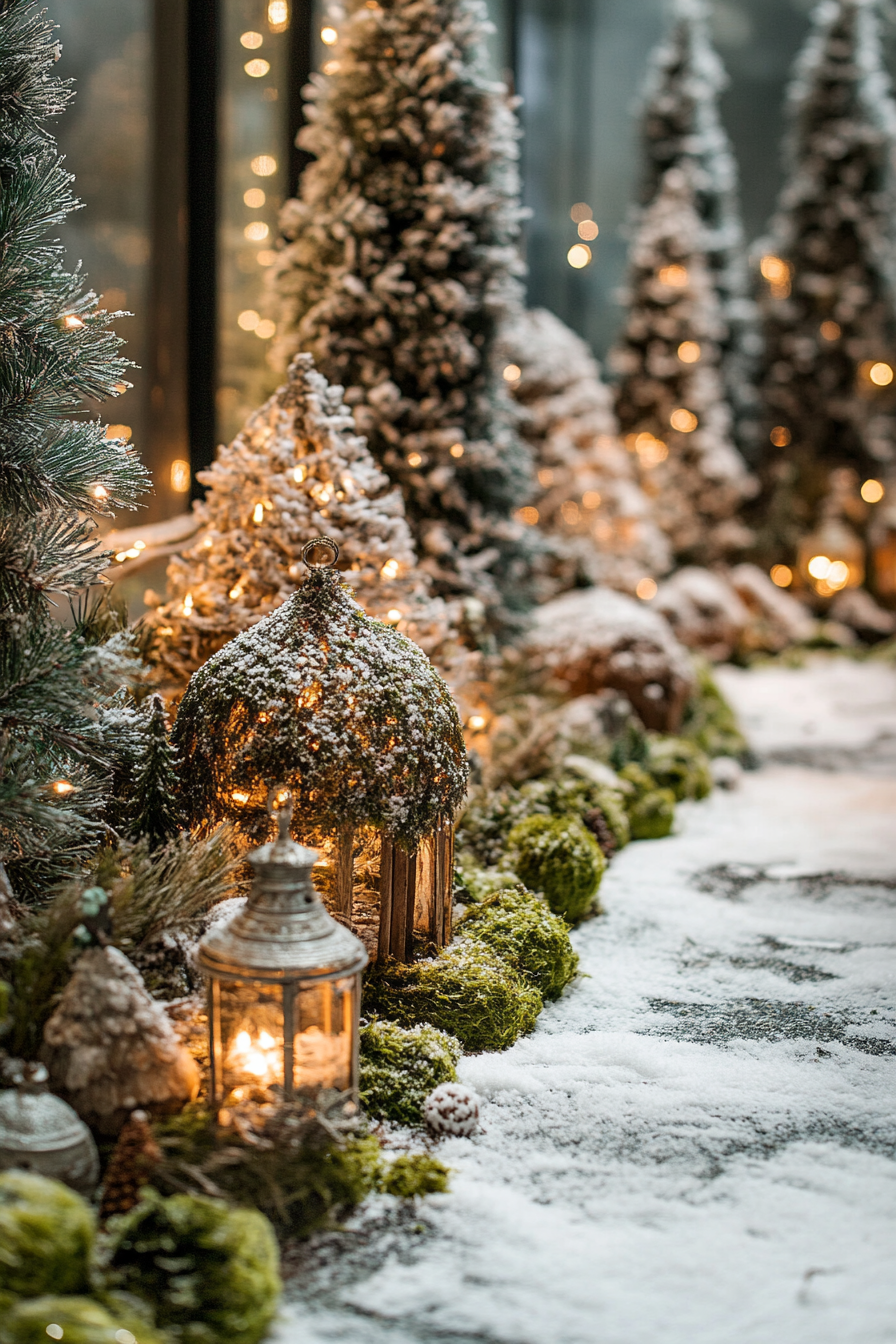 Wide angle holiday space. Woodland decorations with moss details, surrounded by snowy pines.