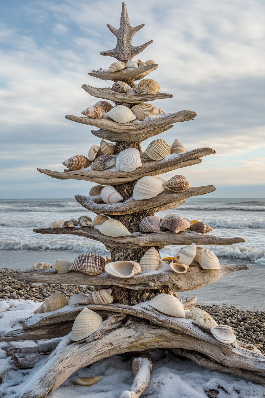 Wide angle holiday decor. Driftwood tree adorned with shell ornaments overlooking wavy winter beach.