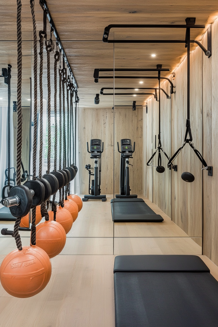 Contemporary tiny gym. Mirror wall, hanging ropes, kettlebell rack.