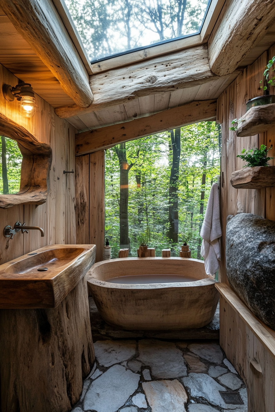 Natural tiny house bathroom. Wooden soaking tub beside stone slab sink under large skylight.