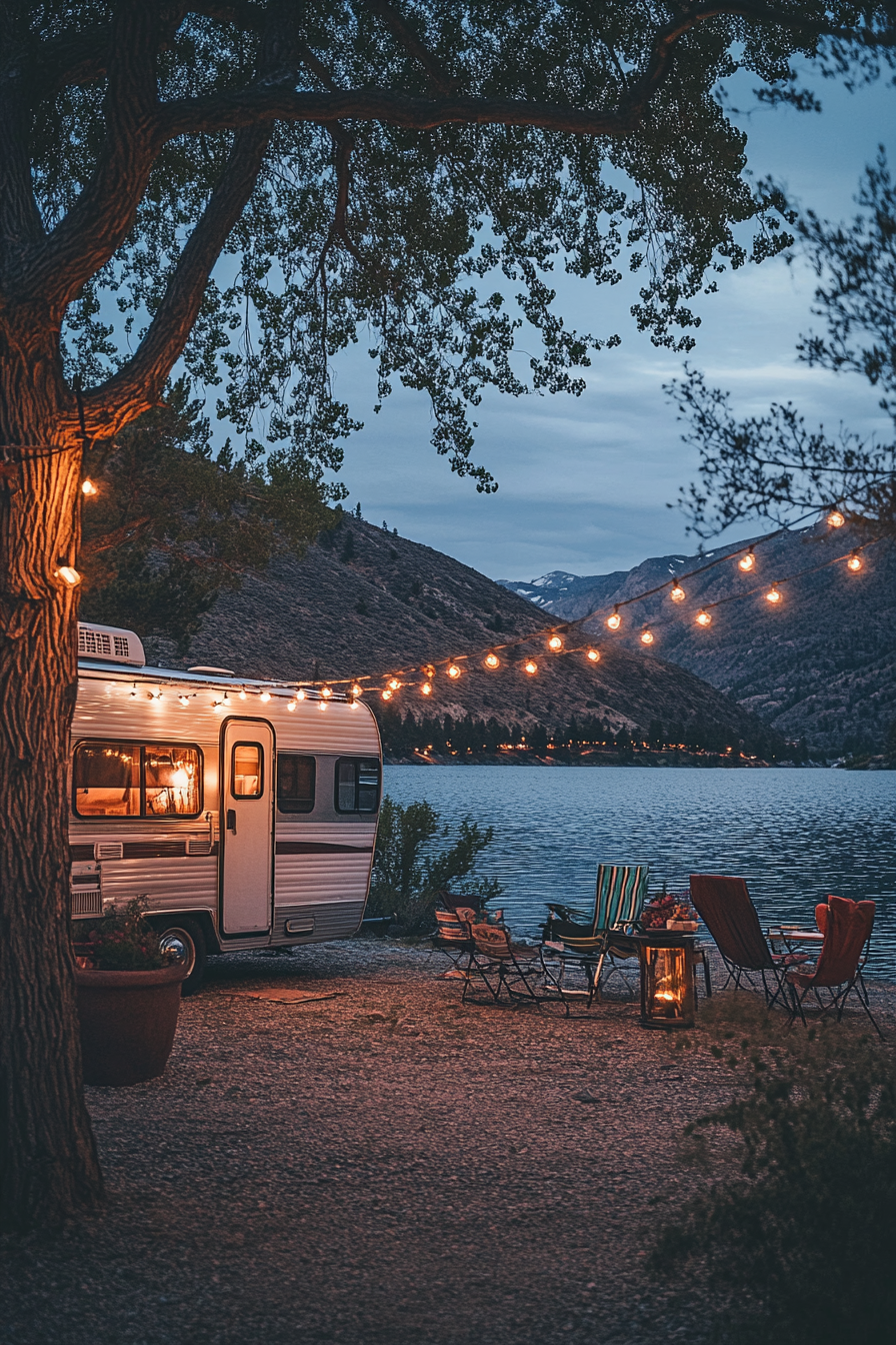 Wide angle view. Retro RV entrance, metal gliders, string lights by crystal-clear mountain lake.